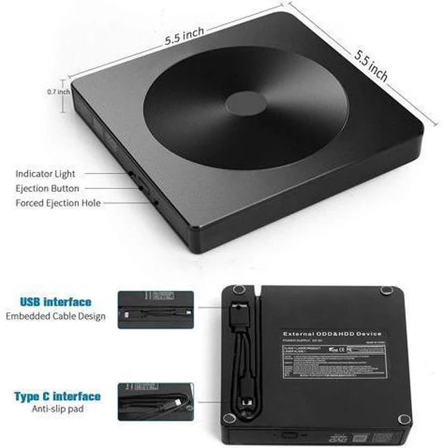 Alt view image 6 of 7 - External CD DVD Drive, with USB 3.0 & Type-C, Portable CD / DVD Drive and Burner for Laptop, Desktop, Mac, MacBook, Compatible with Windows XP / 7/8 / 10 / Vista / Linux / Mac 10 OS- system