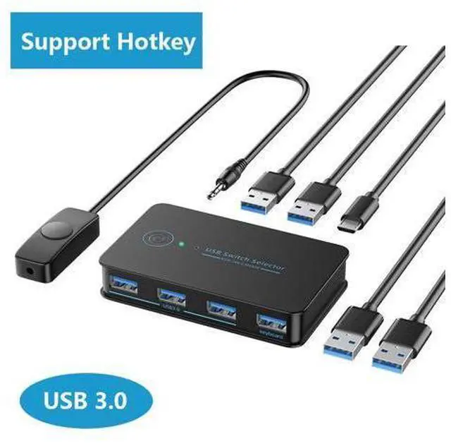 Main image of USB 3.0 Switch 2 in 4 Ouit, USB Switcher for 2 Computers Share 4 USB for Printer Keyboard Mouse, Scanner, USB KVM Switch Selector with 2 USB 3.0 Cables, Support Hotkey/Button/Wired Remote Switching
