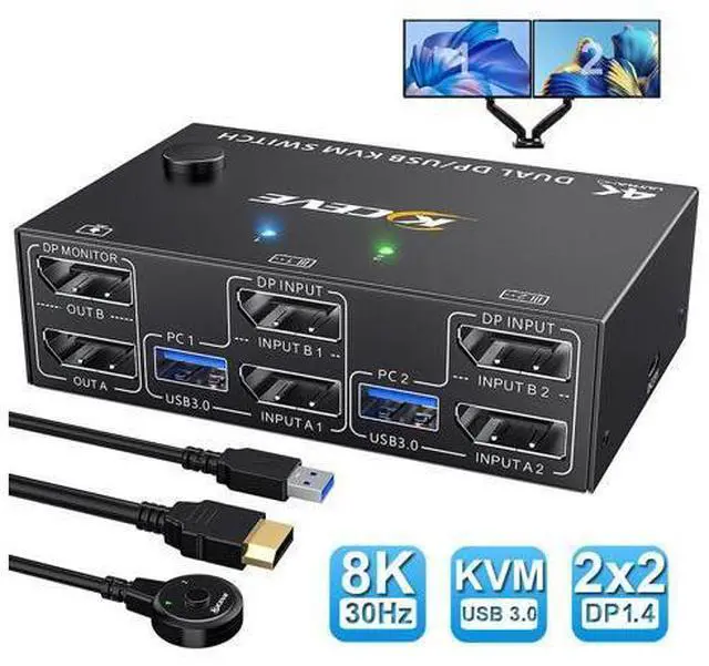 Main image of 8K USB 3.0 Displayport KVM Switch 2 Computers 2 Monitors, 8K @30Hz 4K @144Hz Dual Monitor Displayport 1.4 KVM Switches 2 in 2 Out with 4 USB 3.0 Port for USB Device, Wired Remote and 4 Cables Included