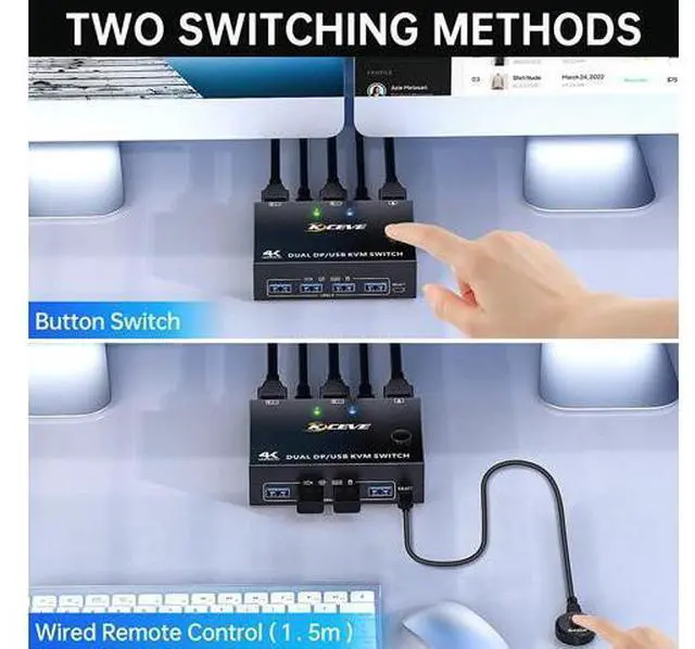 Alt view image 5 of 7 - 8K USB 3.0 Displayport KVM Switch 2 Computers 2 Monitors, 8K @30Hz 4K @144Hz Dual Monitor Displayport 1.4 KVM Switches 2 in 2 Out with 4 USB 3.0 Port for USB Device, Wired Remote and 4 Cables Included