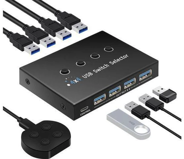 Main image of AUTYUE USB 3.0 Switch 4 Computers 3 Computers Keyboard Mouse Switch,4 Port USB Switch Selector Sharing 4 USB Devices,USB Switcher Compatible with Mac/Windows/Linux,with Desktop Controller &4 USB Cable