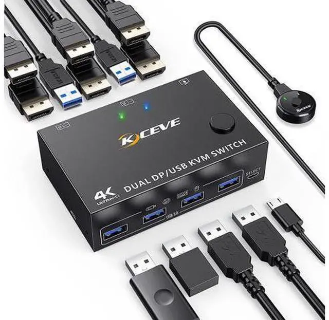 Main image of Dual Monitor Displayport KVM Switch 2 Computers 2 Monitors, USB 3.0 DP KVM Switch 2 in 2 Out, Supports 4K @60Hz for 2 PCs sharing keyboard, mouse and monitor, with DP+USB Cables and Wired Controller