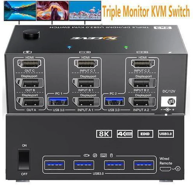 Main image of 2 Displayport + HDMI 3 Monitor KVM Switch USB 3.0, 8K @60Hz 4K@144Hz Triple Monitor KVM Switch for 2 Computer Share 3 Monitor and 4 USB 3.0 Port Keyboard Mouse, Wired Remote and 5 Cables Included