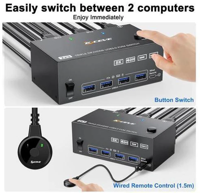 Alt view image 5 of 7 - 2 Displayport + HDMI 3 Monitor KVM Switch USB 3.0, 8K @60Hz 4K@144Hz Triple Monitor KVM Switch for 2 Computer Share 3 Monitor and 4 USB 3.0 Port Keyboard Mouse, Wired Remote and 5 Cables Included