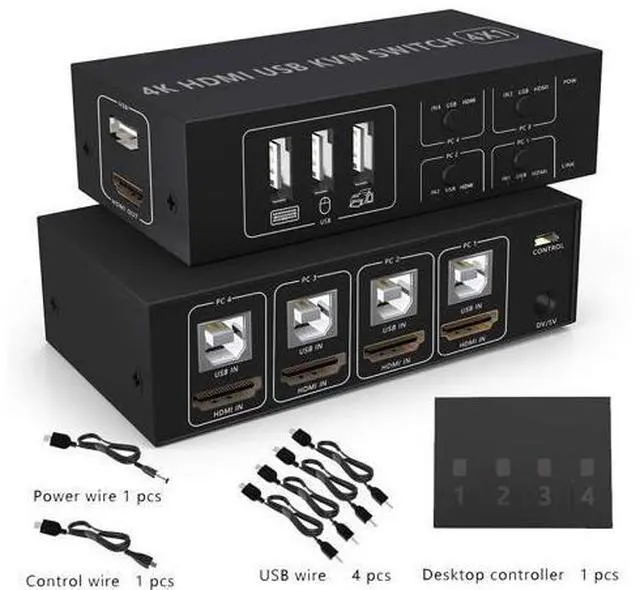 Main image of HDMI KVM Switch 4 Port HDMI,4 in 1 Out KVM Switch 4 Computers Share Keyboard Mouse Printer Monitor Support HUD 4K@60Hz for Laptop,PC,Xbox HDTV, with 4* USB Cable,1* Switch Button&Cable,1* Power Cable