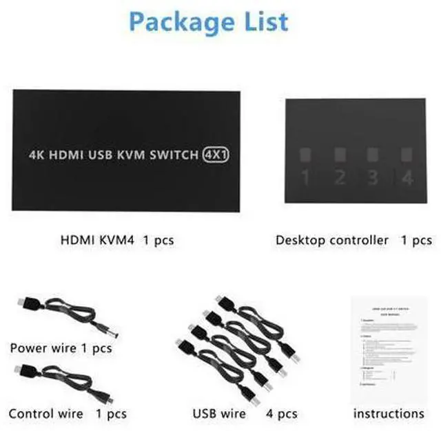 Alt view image 7 of 7 - HDMI KVM Switch 4 Port HDMI,4 in 1 Out KVM Switch 4 Computers Share Keyboard Mouse Printer Monitor Support HUD 4K@60Hz for Laptop,PC,Xbox HDTV, with 4* USB Cable,1* Switch Button&Cable,1* Power Cable