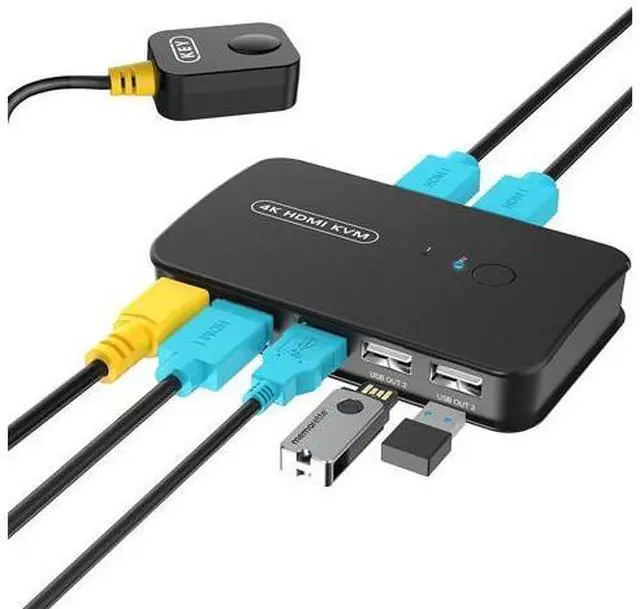 Main image of KVM Switch HDMI 2 Port Box, USB and HDMI Switch for 2 Computers Share Keyboard Mouse Printer and one HD Monitor, 4K @30HZ, with Wired Controller & KVM Cables