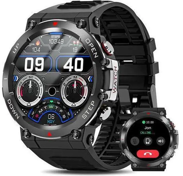 Main image of Military Smart Watch Men (Make Call/Answer), Outdoor Sports Waterproof Smartwatch, Rugged Bluetooth Smart Watch for Android iPhone, Tactical Fitness Tracker with Heart Rate/AI Voice (Black)