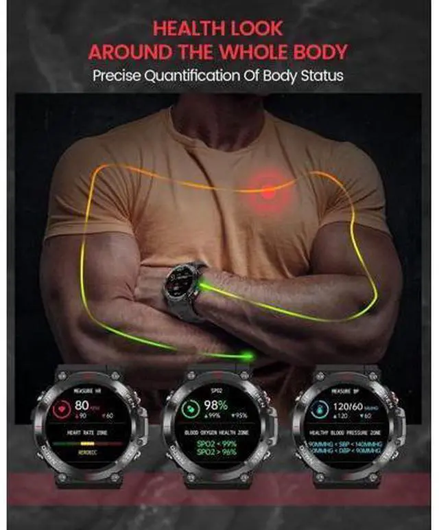 Alt view image 4 of 7 - Military Smart Watch Men (Make Call/Answer), Outdoor Sports Waterproof Smartwatch, Rugged Bluetooth Smart Watch for Android iPhone, Tactical Fitness Tracker with Heart Rate/AI Voice (Black)