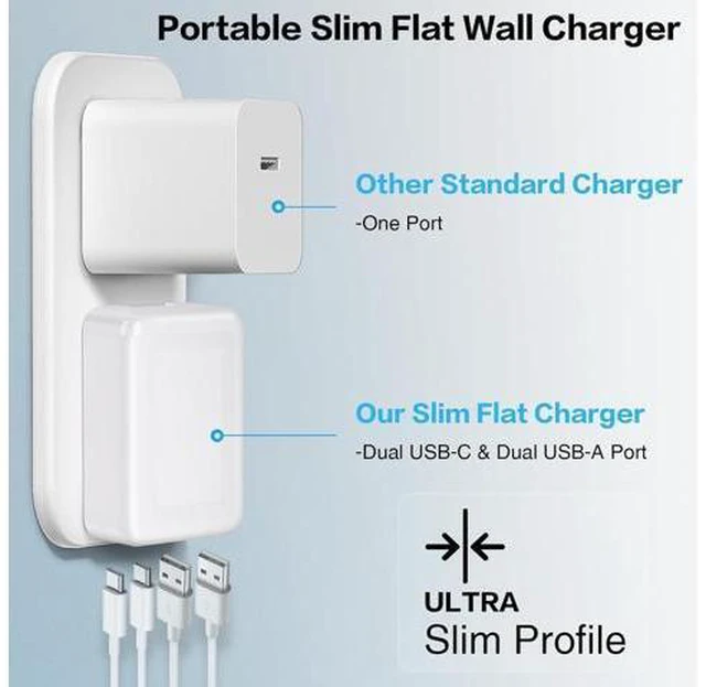 Alt view image 2 of 7 - AUTYUE 3-Pack USB C Wall Charger Block, Flat USB C Charger, 40W 4-Port PD QC 3.0 Slim Fast Charging Block with Foldable Plug Type C Power Adapter Brick for i-Phone, Android Cell Phones, Tablet etc.