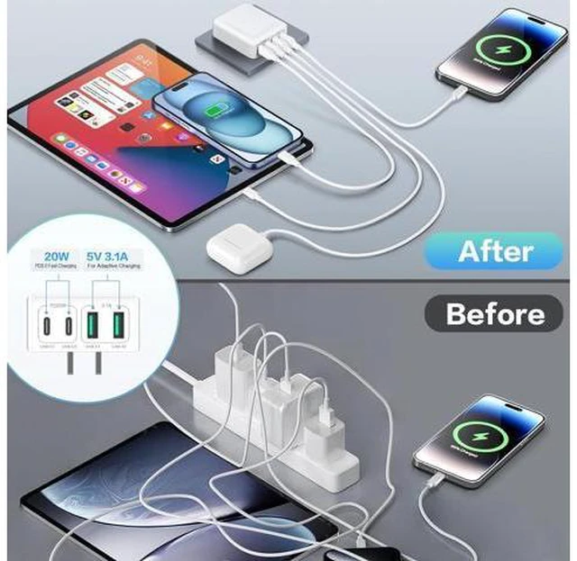 Alt view image 6 of 7 - AUTYUE 3-Pack USB C Wall Charger Block, Flat USB C Charger, 40W 4-Port PD QC 3.0 Slim Fast Charging Block with Foldable Plug Type C Power Adapter Brick for i-Phone, Android Cell Phones, Tablet etc.