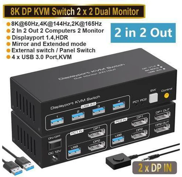Main image of 2 Port DisplayPort KVM Switch Dual Monitor Support 8K @60Hz 4K @120Hz, USB 3.0 DP KVM Switches 2 in 2 Out for 2 Computers share 2 Monitors and 4 USB devices with External Kit and Power Adapter