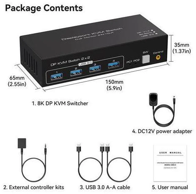 Alt view image 7 of 7 - 2 Port DisplayPort KVM Switch Dual Monitor Support 8K @60Hz 4K @120Hz, USB 3.0 DP KVM Switches 2 in 2 Out for 2 Computers share 2 Monitors and 4 USB devices with External Kit and Power Adapter