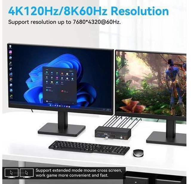 Alt view image 5 of 7 - 8K@60Hz 2 Port Dual Monitor Displayport KVM Switch, USB 3.0 DP 1.4 KVM switches for 2 Computers Share 2 monitors and 4 USB Devices Support 4K@120Hz DP 1.4 with External kit and Power adapter