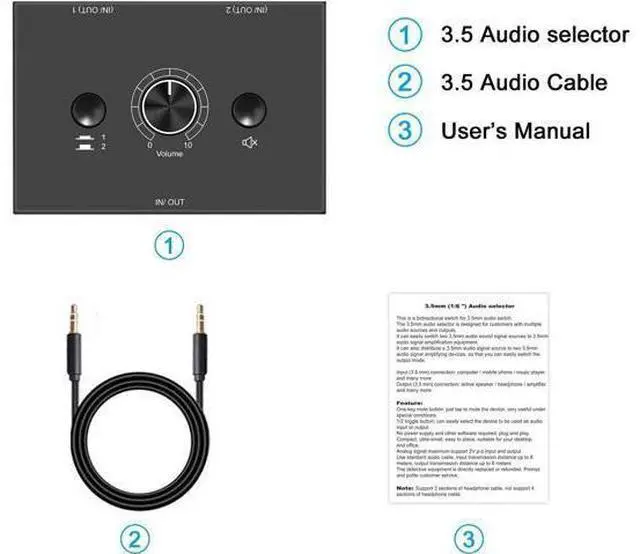 Alt view image 6 of 6 - 3.5mm Audio selector 3.5mm Audio Switch Audio Switcher, Passive Speaker Headphone Manual Selector Splitter Box Audio Sharing (2-IN-1-OUT/1-IN-2-OUT) , No External Power Required