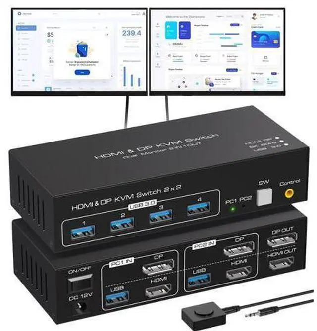 Main image of HDMI Displayport KVM Switch 2 Monitors 2 Computers 4K @120hz 8K @60hz, USB Dual Monitor DP+HDMI kvm switcher for Two Computers Share 4 USB 3.0 Ports and Two Monitors with External Wired Controller