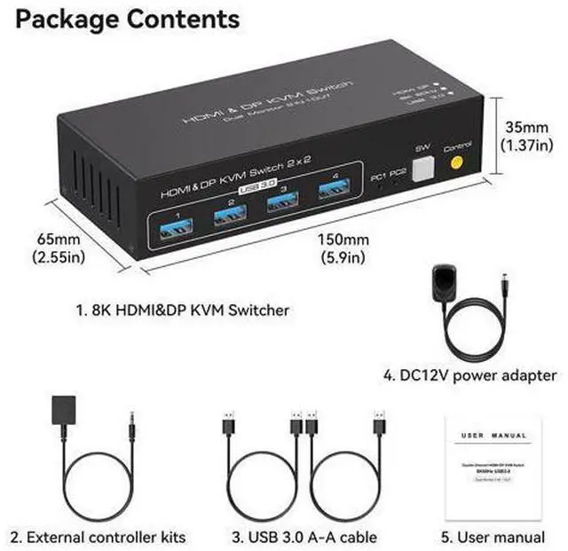 Alt view image 7 of 7 - HDMI Displayport KVM Switch 2 Monitors 2 Computers 4K @120hz 8K @60hz, USB Dual Monitor DP+HDMI kvm switcher for Two Computers Share 4 USB 3.0 Ports and Two Monitors with External Wired Controller