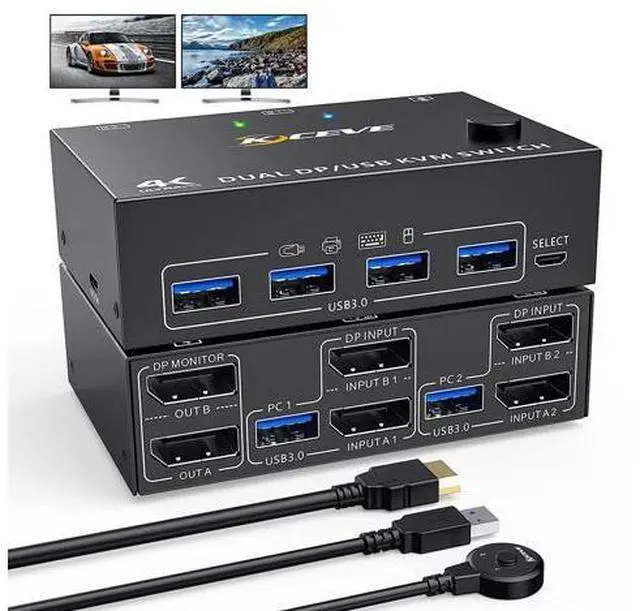 Main image of USB 3.0 Dual Monitor DisplayPort KVM Switch 8K @30Hz 4K @60Hz, 2 in 2 Out DP KVM Switch 2 PC 2 Monitors, KVM switches with 4 USB 3.0 ports for 2 PCs, with DP+USB cable and desktop controller