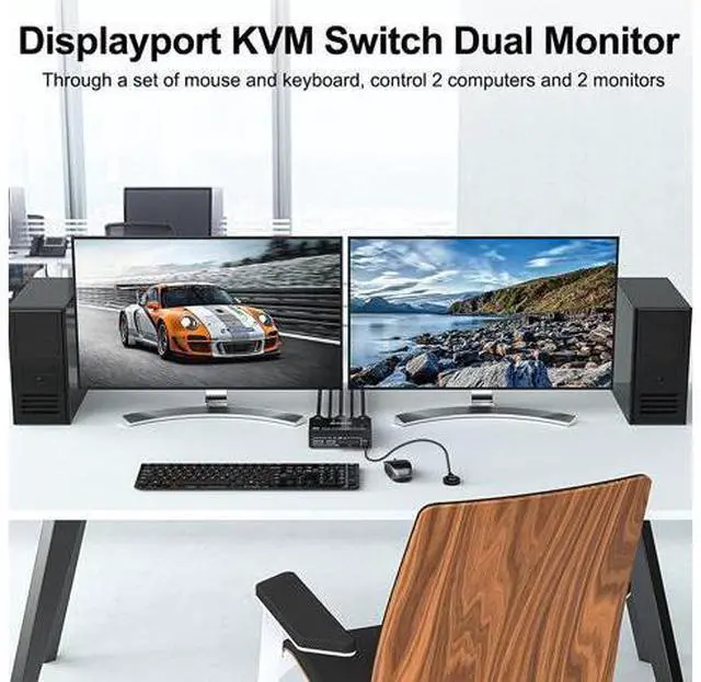 Alt view image 2 of 7 - USB 3.0 Dual Monitor DisplayPort KVM Switch 8K @30Hz 4K @60Hz, 2 in 2 Out DP KVM Switch 2 PC 2 Monitors, KVM switches with 4 USB 3.0 ports for 2 PCs, with DP+USB cable and desktop controller