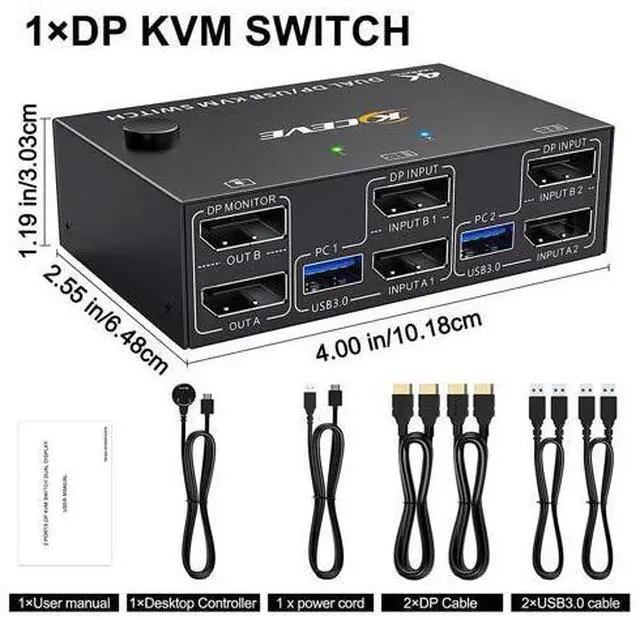 Alt view image 7 of 7 - USB 3.0 Dual Monitor DisplayPort KVM Switch 8K @30Hz 4K @60Hz, 2 in 2 Out DP KVM Switch 2 PC 2 Monitors, KVM switches with 4 USB 3.0 ports for 2 PCs, with DP+USB cable and desktop controller