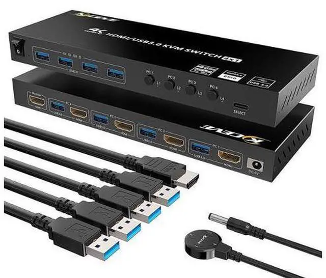 Main image of USB 3.0 KVM Switch HDMI 4 Port, Support 4K @60Hz RGB 4:4:4, USB Hub HDR EDID HDMI USB KVM Switch 4 in 1out and 4 USB 3.0 Port for Keyboard Mouse Printer,with Controller, USB 3.0 Cables and HDMI-Cable