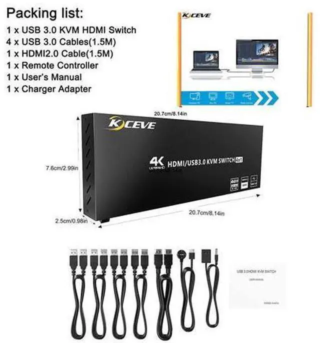 Alt view image 7 of 7 - USB 3.0 KVM Switch HDMI 4 Port, Support 4K @60Hz RGB 4:4:4, USB Hub HDR EDID HDMI USB KVM Switch 4 in 1out and 4 USB 3.0 Port for Keyboard Mouse Printer,with Controller, USB 3.0 Cables and HDMI-Cable