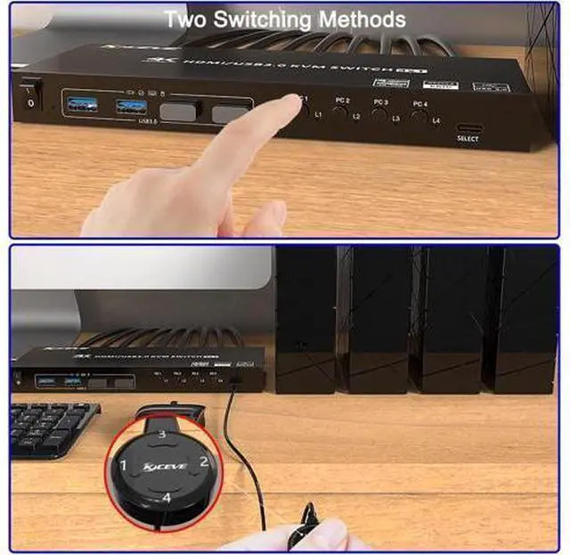 Alt view image 4 of 7 - USB 3.0 KVM Switch HDMI 4 Port, Support 4K @60Hz RGB 4:4:4, USB Hub HDR EDID HDMI USB KVM Switch 4 in 1out and 4 USB 3.0 Port for Keyboard Mouse Printer,with Controller, USB 3.0 Cables and HDMI-Cable