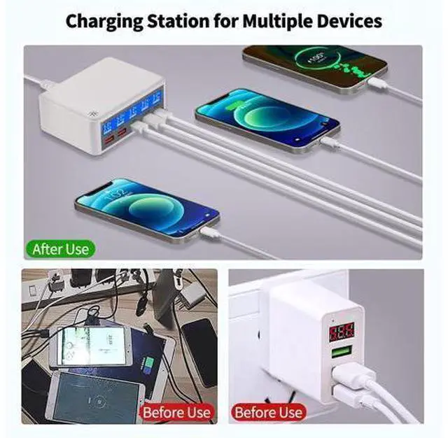 Alt view image 2 of 7 - 5 Ports USB Charger, 65W 5-Port USB C Charging Station Multi Port USB Hub Charger Compact Size LCD Display, QC 3.0 and PD USB C Fast Charger, Compatible with iPhone iPad Samsung Kindle Tablet and More