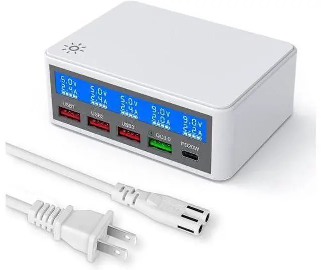 Main image of 5 Ports USB Charger, 65W 5-Port USB C Charging Station Multi Port USB Hub Charger Compact Size LCD Display, QC 3.0 and PD USB C Fast Charger, Compatible with iPhone iPad Samsung Kindle Tablet and More