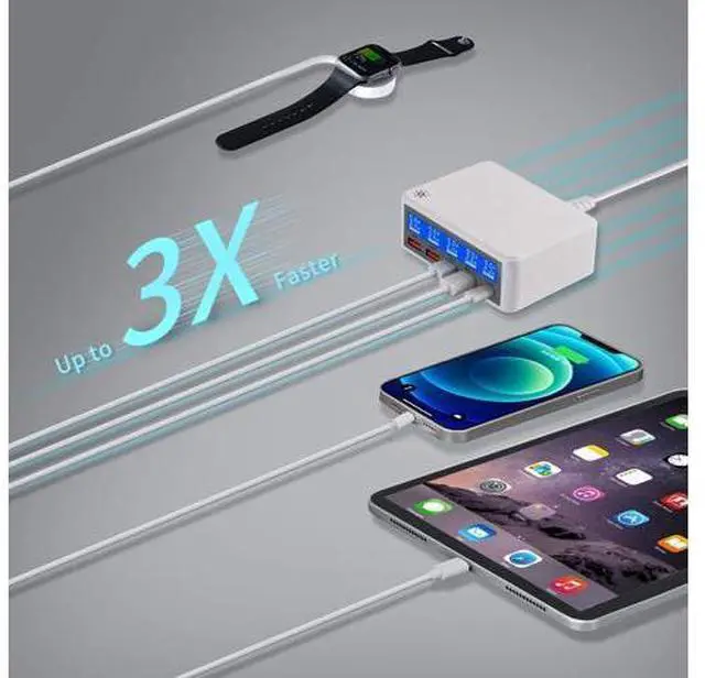 Alt view image 3 of 7 - 5 Ports USB Charger, 65W 5-Port USB C Charging Station Multi Port USB Hub Charger Compact Size LCD Display, QC 3.0 and PD USB C Fast Charger, Compatible with iPhone iPad Samsung Kindle Tablet and More