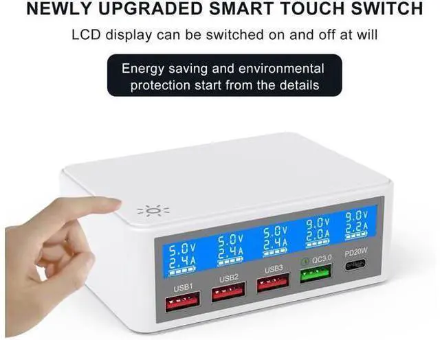 Alt view image 5 of 7 - 5 Ports USB Charger, 65W 5-Port USB C Charging Station Multi Port USB Hub Charger Compact Size LCD Display, QC 3.0 and PD USB C Fast Charger, Compatible with iPhone iPad Samsung Kindle Tablet and More