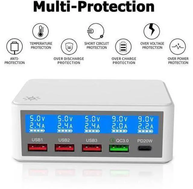 Alt view image 7 of 7 - 5 Ports USB Charger, 65W 5-Port USB C Charging Station Multi Port USB Hub Charger Compact Size LCD Display, QC 3.0 and PD USB C Fast Charger, Compatible with iPhone iPad Samsung Kindle Tablet and More