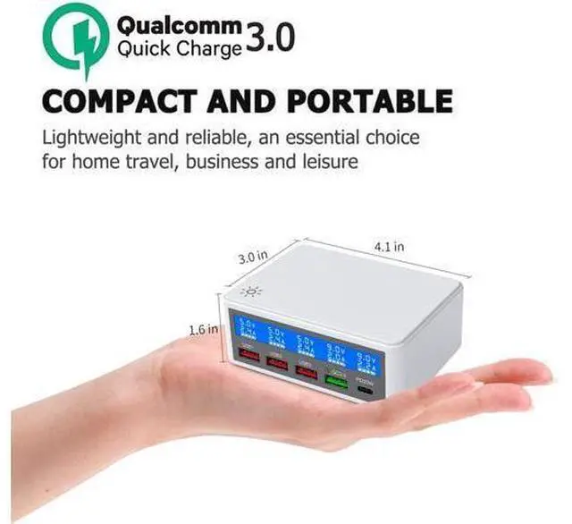 Alt view image 6 of 7 - 5 Ports USB Charger, 65W 5-Port USB C Charging Station Multi Port USB Hub Charger Compact Size LCD Display, QC 3.0 and PD USB C Fast Charger, Compatible with iPhone iPad Samsung Kindle Tablet and More