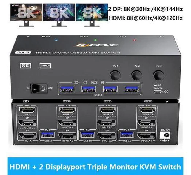 Main image of IHDAPP KVM Switch 3 Monitors 3 Computers 8K@60Hz, HDMI + 2* Displayport Triple Monitor KVM Switch with 4 USB 3.0 Ports for Keyboard Mouse Printer, Wired Remote, USB Cable and Power Adapter Included