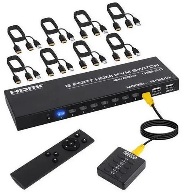 Main image of 8 Port HDMI KVM Switch 8 in 1 Out, 4K @60Hz HDMI KVM Switch for 8 PCs Share 1 Monitor and 4 USB Devices, Including 8 HDMI KVM Cables and IR Remote Control giyqxHw