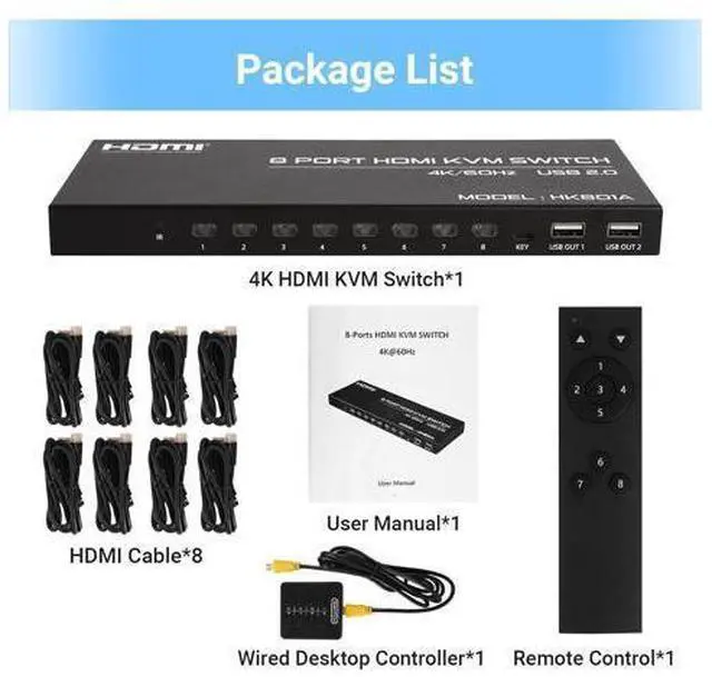 Alt view image 7 of 7 - 8 Port HDMI KVM Switch 8 in 1 Out, 4K @60Hz HDMI KVM Switch for 8 PCs Share 1 Monitor and 4 USB Devices, Including 8 HDMI KVM Cables and IR Remote Control giyqxHw