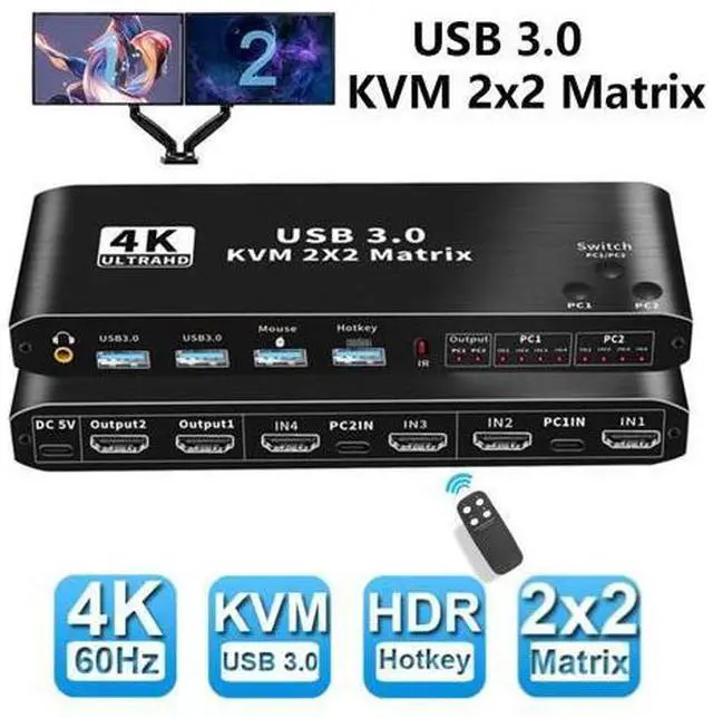 Main image of Dual Monitor HDMI KVM Matrix Switch 2x2, USB 3.0 HDMI KVM Switch for 2 Computers 2 Monitors, HDMI KVM Switch 2 in 2 out 4K 60Hz 2x2 Mixed Display for PC laptop Windows, macOS, Linux, and UNIX giyqxHw