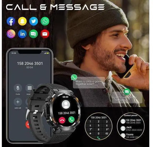 Alt view image 4 of 7 - Rugged Tactical Military Smart Watches for Men with Compass LED Lighting (Make/Answer Call), 1.46'' HD Outdoor Sport Fitness Tracker Watch with Heart Rate Monitor Smart Watch for IOS Android Phones