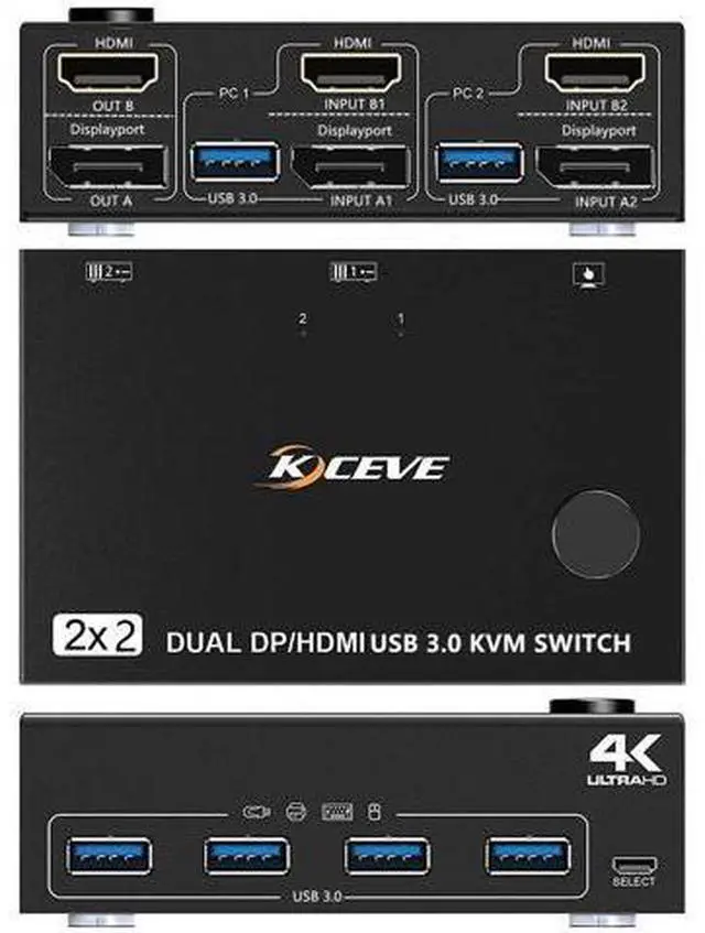 Alt view image 2 of 7 - Dual Monitor Displayport HDMI USB 3.0 KVM Switch 2 Computer 2 Monitors, DP HDMI KVM Switcher Supports 4K @60Hz for 2 Computers Share Keyboard, 4 USB 3.0 Ports, Wired Remote and 4 Cables Included