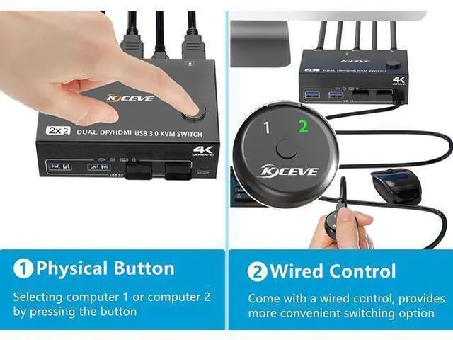 Alt view image 5 of 7 - Dual Monitor Displayport HDMI USB 3.0 KVM Switch 2 Computer 2 Monitors, DP HDMI KVM Switcher Supports 4K @60Hz for 2 Computers Share Keyboard, 4 USB 3.0 Ports, Wired Remote and 4 Cables Included