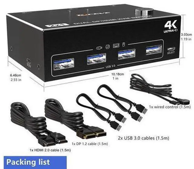 Alt view image 7 of 7 - Dual Monitor Displayport HDMI USB 3.0 KVM Switch 2 Computer 2 Monitors, DP HDMI KVM Switcher Supports 4K @60Hz for 2 Computers Share Keyboard, 4 USB 3.0 Ports, Wired Remote and 4 Cables Included