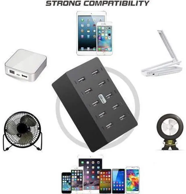 Alt view image 6 of 7 - 10 Ports Wall USB Charger, 50W 10-Port Family-Sized Desktop USB Rapid Charger,Multiple Charging Station, Compatible with Smartphones and Other USB Charging Devices (Black)