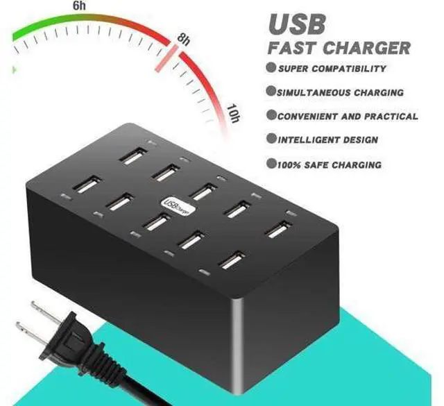 Alt view image 5 of 7 - 10 Ports Wall USB Charger, 50W 10-Port Family-Sized Desktop USB Rapid Charger,Multiple Charging Station, Compatible with Smartphones and Other USB Charging Devices (Black)