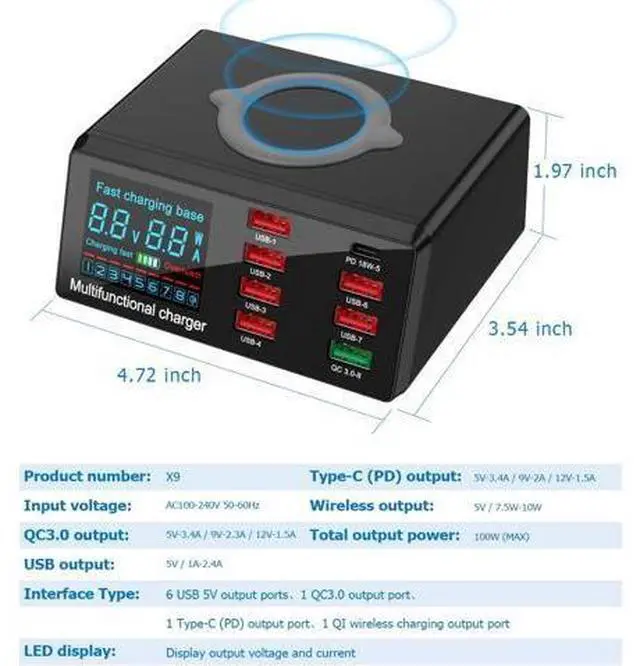 Alt view image 4 of 7 - Quick Charge 3.0 8-Port USB Fast Charger,100W USB hub Fast Charging Station Compatible with All Phone and ipad,QC 3.0 and PD Fast Charger, 10W Max Fast Wireless Charging, Amazing