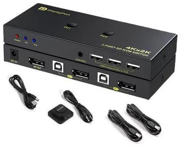 Main image of DisplayPort KVM Switch 2 Port, KVM Switch DisplayPort for 2 Computers Sharing 1 Monitor and 3 USB Devices, Support 4K @60Hz, 2K(2560X1440) @120Hz, with Extended Control Switch and 2 USB Cables