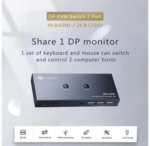 Alt view image 2 of 7 - DisplayPort KVM Switch 2 Port, KVM Switch DisplayPort for 2 Computers Sharing 1 Monitor and 3 USB Devices, Support 4K @60Hz, 2K(2560X1440) @120Hz, with Extended Control Switch and 2 USB Cables
