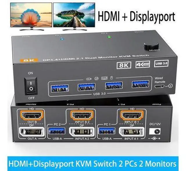Main image of SMA 2 Port HDMI + Displayport Dual Monitor KVM Switch, 8K@60Hz 4K@144Hz HDMI+DP USB 3.0 KVM Switch Extended Display 2 Monitors 2 Computers with 4 USB 3.0 Ports, USB Cables & Wired Controller included