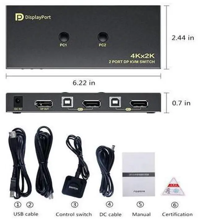 Alt view image 7 of 7 - DisplayPort KVM Switch 2 Port, KVM Switch DisplayPort for 2 Computers Sharing 1 Monitor and 3 USB Devices, Support 4K @60Hz, 2K(2560X1440) @120Hz, with Extended Control Switch and 2 USB Cables