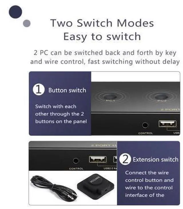 Alt view image 5 of 7 - DisplayPort KVM Switch 2 Port, KVM Switch DisplayPort for 2 Computers Sharing 1 Monitor and 3 USB Devices, Support 4K @60Hz, 2K(2560X1440) @120Hz, with Extended Control Switch and 2 USB Cables