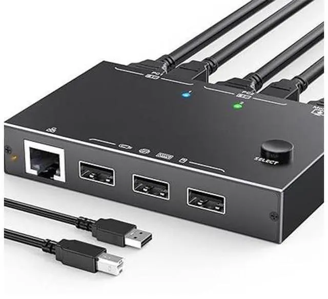 Main image of HDMI KVM Switch 2 in 1 Out with Ethernet RJ45 Port, 2 Port 4K 60Hz HDMI KVM Switcher for 2 Computers Share 1 Monitor 3 USB Devices, for PCs, Laptops, for Windows MacOS X, Linux, Chrome OS giyqxHw
